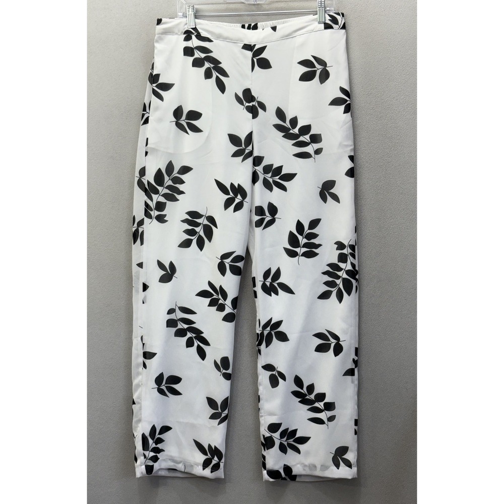 Monroe & Main Women's Sz L White Leaf Prints Sheer Lightweight Loose Leg Pants